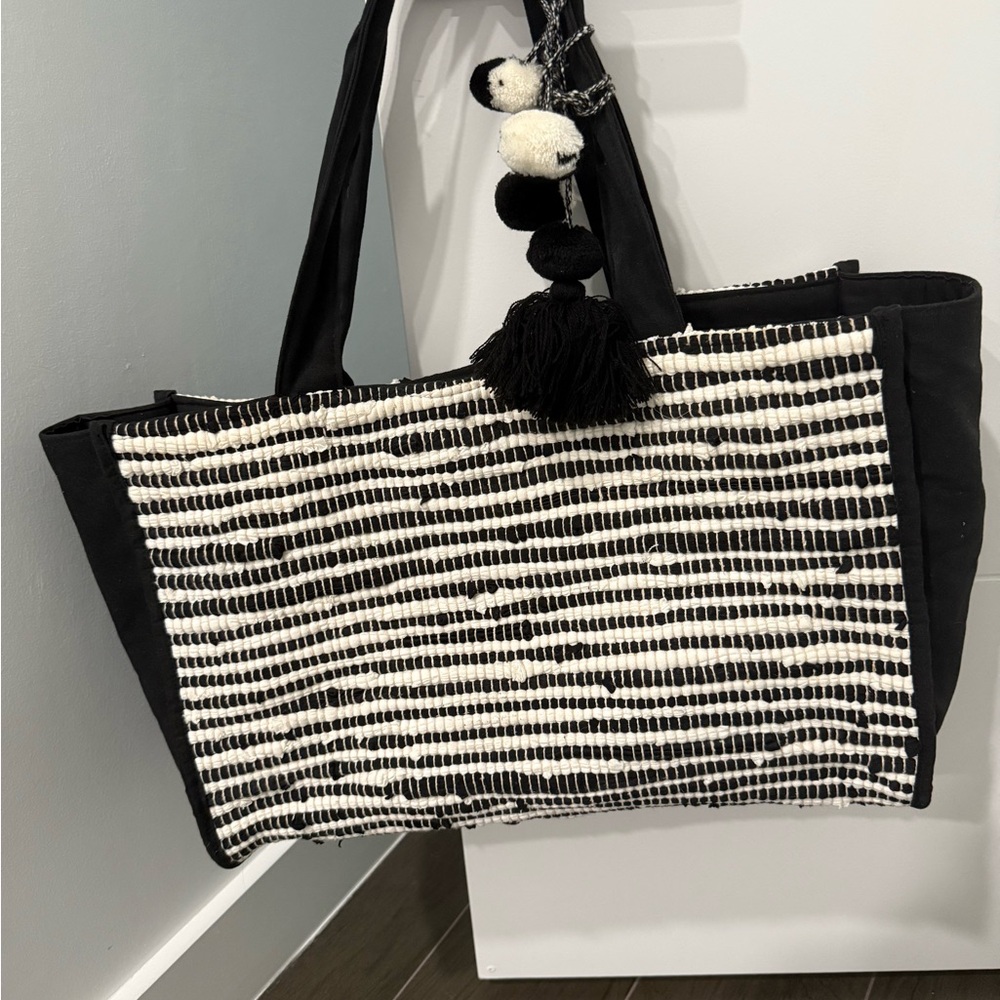 Graphic Black and White Striped Tote with Textured Detail